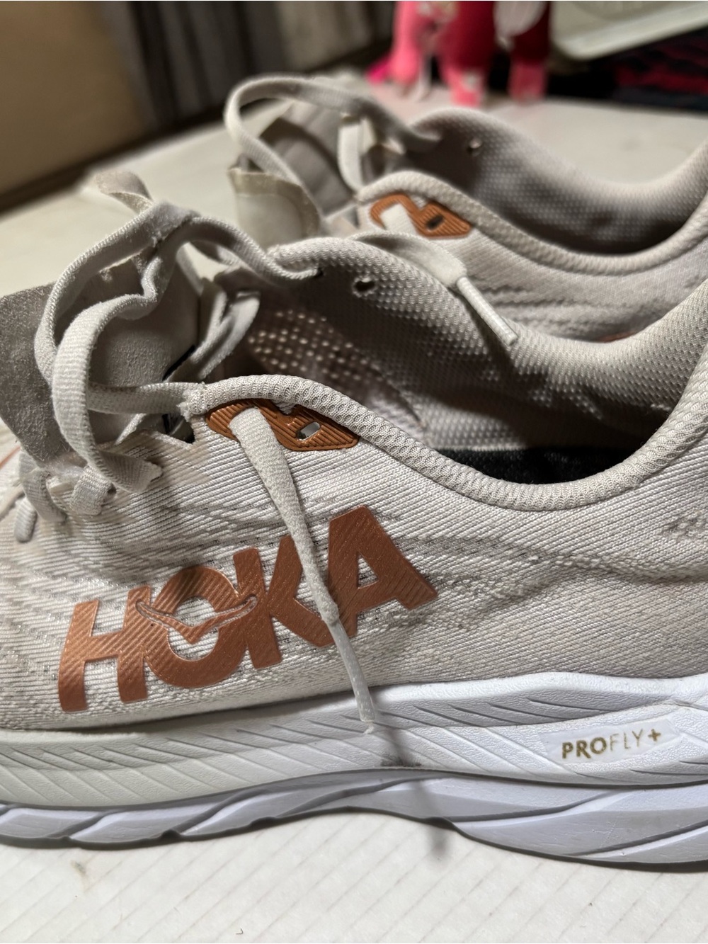 Hoka White Running Shoe with Rose Gold Logo Accents - Picture 6 of 10